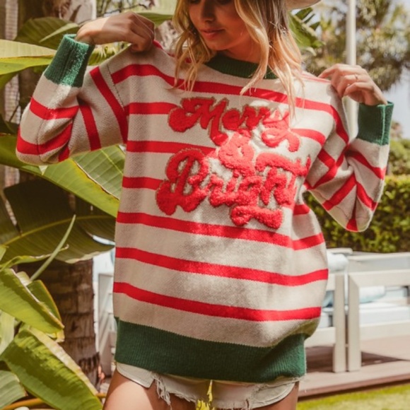 Bibi Christmas Festive Striped Color Block Sweater Top - Picture 1 of 4